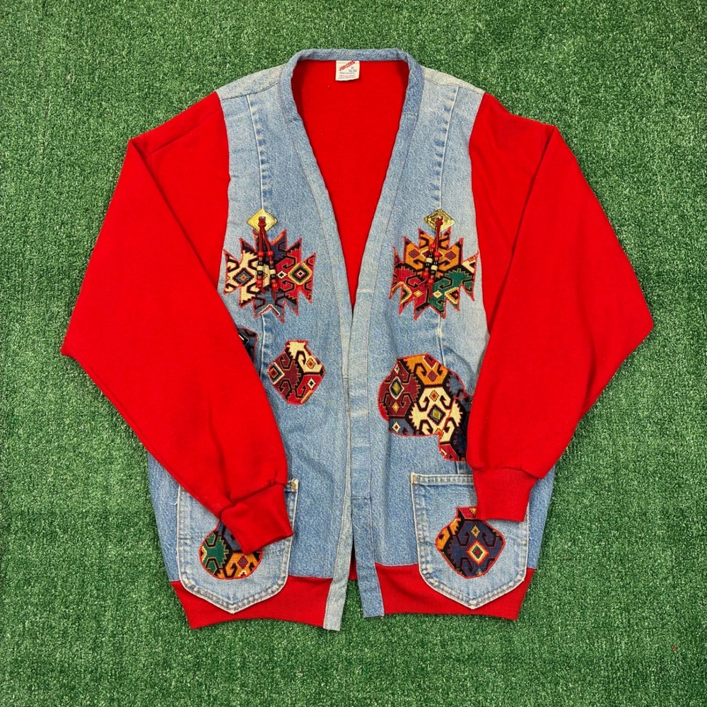 Vintage 90s Jerzees Southwestern Denim Patchwork Cardigan Sweater XL